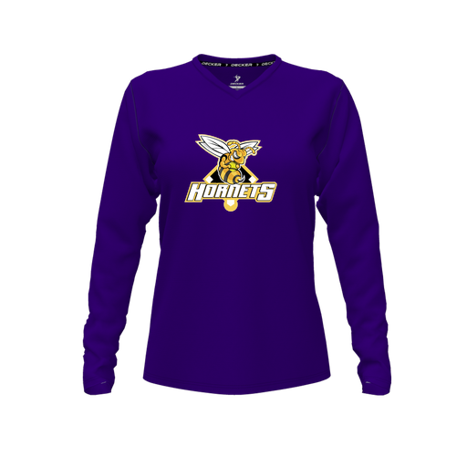 [CUS-DFW-TEES-CMF-VNK-LSL-PUR-FYXS-LOGO2] Decker Comfort T-Shirt (Female Youth XS, Purple, V Neck, Logo 2, Long Sleeve)