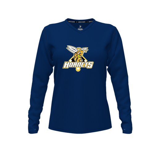 [CUS-DFW-TEES-PER-VNK-LSL-NVY-FYXS-LOGO2] Decker Performance T-Shirt (Female Youth XS, Navy, V Neck, Logo 2, Long Sleeve)