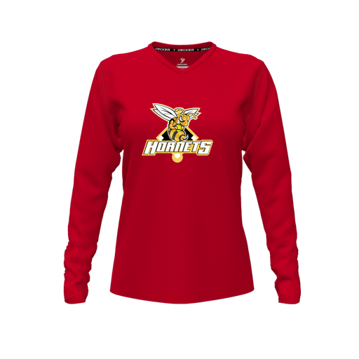 [CUS-DFW-TEES-PER-VNK-LSL-RED-FYXS-LOGO2] Decker Performance T-Shirt (Female Youth XS, Red, V Neck, Logo 2, Long Sleeve)